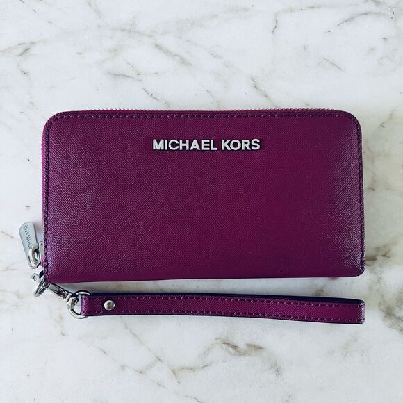 MICHAEL KORS Maroon Leather Multi Function Phone Zip Wallet Wristlet - Picture 1 of 7